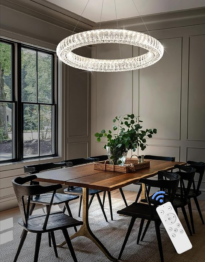 Modern Crystal Chandelier Dimmable LED 23.6" Ring Pendant Light Adjustable Round Chrome Crystal Chandelier Light Fixtures for Dining Room Living Room