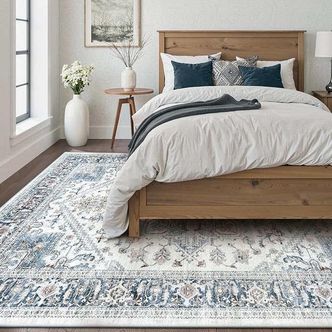 LIVEBOX Washable Area Rug 8x10 - Large Blue Vintage Tribal Living Room Rug Oriental for Bedroom, Non-Slip Retro Medallion Carpet Print Distressed for Dining Room Guest Office