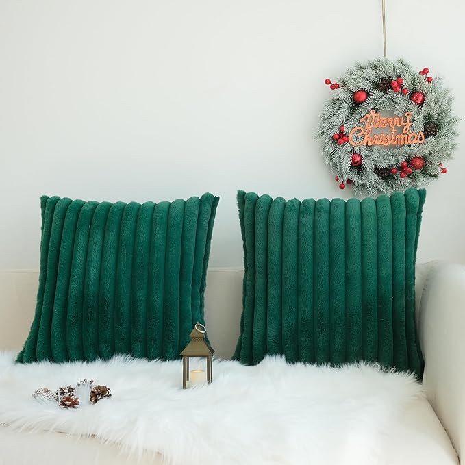 JOJUSIS Pack of 2 Faux Fur Plush Decorative Throw Pillow Covers Couch Cushion Case Soft Pillowcases (Dark Green, 16 x 16-Inch)