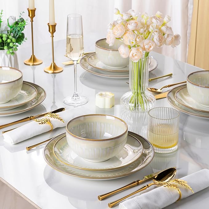 LERATIO Ceramic Dinnerware Sets for 4,Porcelain Plates and Bowls Sets,Handmade Reactive Glaze Dishes Set,Chip Resistant and Scratch Resistant | Oven&Dishwasher & Microwave Safe,Service for 4
