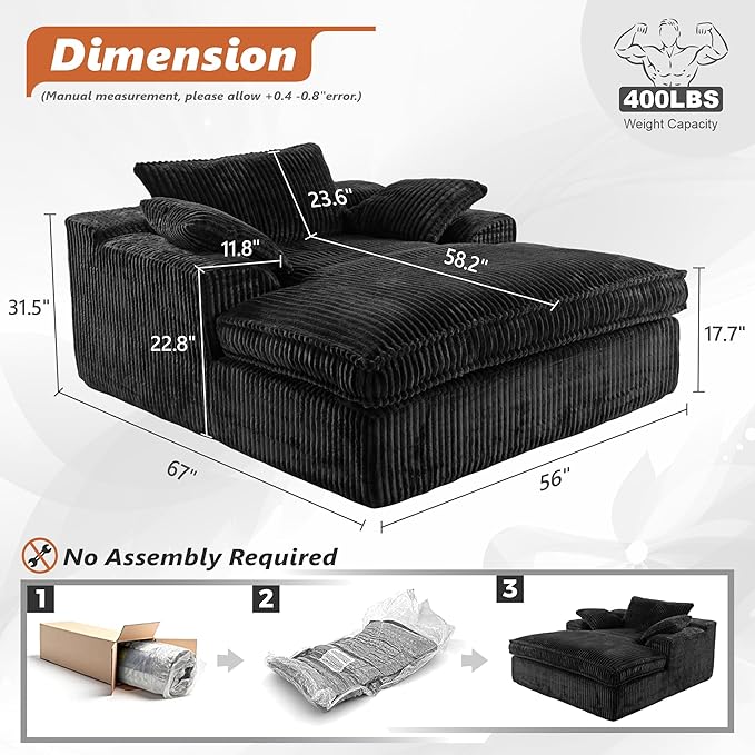 Oversized 67" Chaise Lounge Chair Indoor, Corduroy Upholstered Deep Seat Sofa Couch, Cloud-Soft Boneless Lounger, Comfy Reading Chairs for Living Room & Bedroom, No Assembly Required (Black)