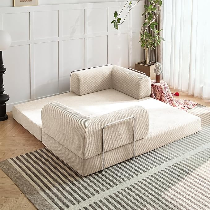 Modern Convertible Lounge Chair, Corduroy Fabric, Square Platform Design with Metal Frame, Floor Sofa Bed with Fixed-Shape Frame,Living Room Seating with Armrest (Beige,Large 3-Seater Sofa)