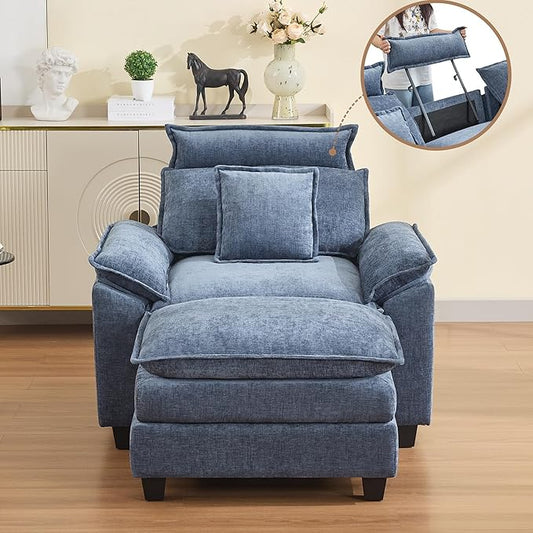 46''Cloud Oversized Sofa Chair with Detachable Headrest, Upholstered Comfy Arm Accent Chair with Ottoman,Modern Chenille Reading Lounge Armchair for Living Room,Bedroom, Blue