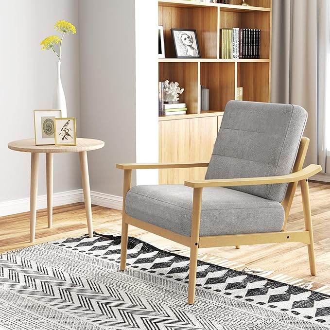 Giantex Mid Century Modern Accent Chair, Max Load 440 LBS Upholstered Living Room Chair with Rubber Wood Armrests & Legs, Removable Back Cushion, Comfy Reading Arm Chair for Living Room, Bedroom