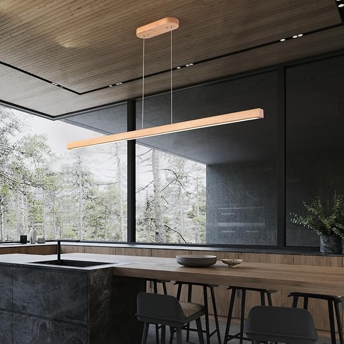 55" Wood Linear Pendant Modern Kitchen Island Light Fixture with Remote Solid Wooden Hanging Ceiling Light Chandeliers for Dining Room Kitchen Pendant Lighting Over Island Natural
