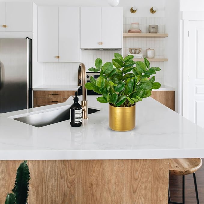 Briful Faux Plants Indoor Artificial ZZ Plant with Gold Pot 15.7in Medium Size Silk Plants Fake Tropical Plants for Home Office Room Kitchen Table Shelf Decoration