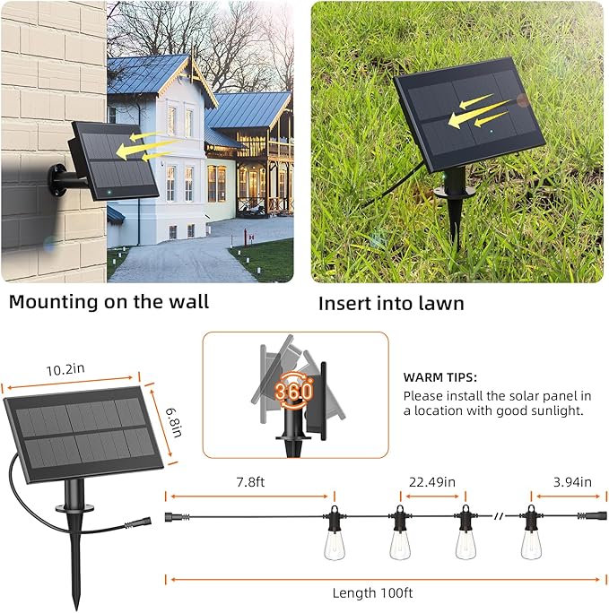 Kawaya Solar Powered String Lights for Outside: 100 FT LED Outdoor Patio Lights with USB-Charging - IP65 Waterproof Hanging Light - 50+2 Shatterproof Edison Bulbs for Bistro Cafe Camp Yard Balcony