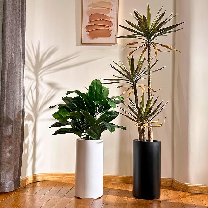 19.5"H x 9.8"D Tubo Fiberstone Cylinder Tall Planter with Drainage Hole, Smooth Finishes, Weather Resistant for Indoor and Outdoor Use, Included 2 Extra Coco Mats (Black, 8.2" Pot Opening)