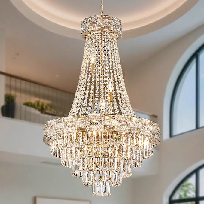 Gold Crystal Chandeliers 12 Lights Modern Chandelier for High Ceilings Large Chandeliers Light Fixture Foyer Staircase Hallway Entryway Living Room Hall Lobby 36" H x 23.5" D