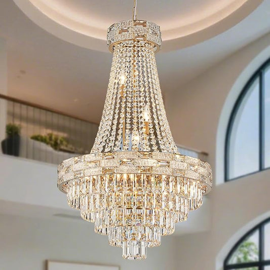 Gold Crystal Chandeliers 12 Lights Modern Chandelier for High Ceilings Large Chandeliers Light Fixture Foyer Staircase Hallway Entryway Living Room Hall Lobby 36" H x 23.5" D