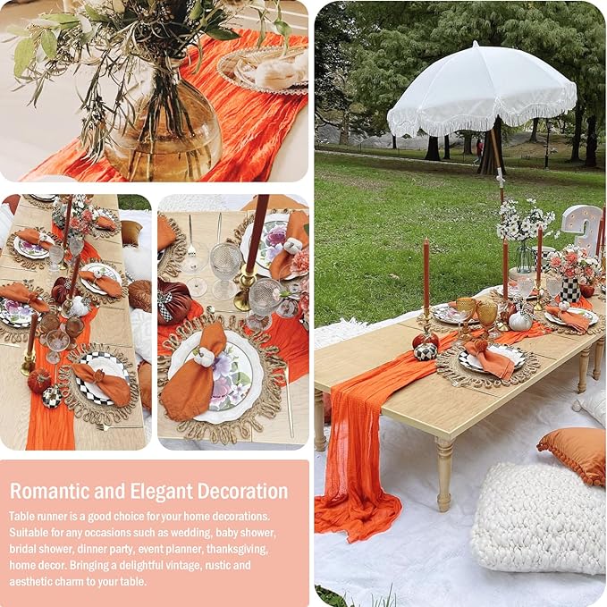 8 Pack 10FT Orange Easter Cheesecloth Table Runner 35x120 Inch Gauze Rustic Wedding Cheese Cloth Table Runners, Romantic Semi Sheer Boho Table Runners for Wedding Bridal Shower Party Decor