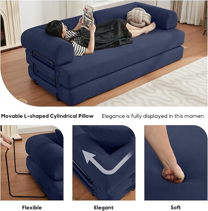 Convertible Sleeper Sofa Bed with Cylindrical Pillow, Corduroy Folding Boneless Couch with Fixed-Shape Frame, Floor Sofa Lounge Couch for Living Room Bedroom Lounge Studio-Blue