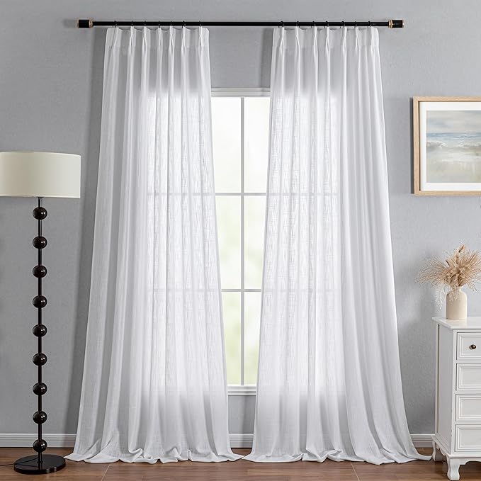 MYSKY HOME Floor to Ceiling Curtains 102 Inches White Sheer Window Drapes 2 Panel Sets Pinch Pleated Draperies Linen Look Boho Fabric, Soft Cotton Blend Light Filtering for Living Room, 40" x 102"
