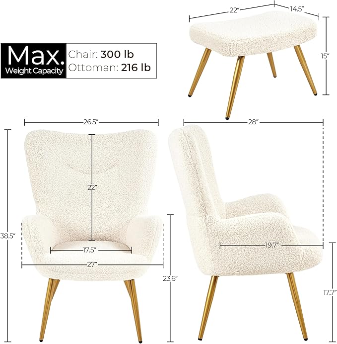 Yaheetech Boucle Accent Chair and Ottoman Set, Sherpa Armchair with Golden Metal Legs, High Back Reading Chair and Footstool for Living Room, Bedroom, Lounge, Ivory