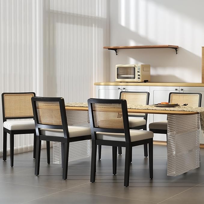 LukeAlon Farmhouse Rattan Dining Chairs Set of 4, Mid Century Modern Linen Kitchen & Dining Chairs with Solid Wood Legs, Woven Cane Upholstered Kitchen Chairs Side Chairs for Dining Room, Beige