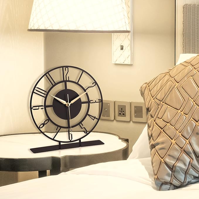 Metal Table Clock | 8.9 x 9.5 inch Size Round Silent Running Metal Black Clocks | Living Room and Bedside Suitable Table Decorations for Home and Office