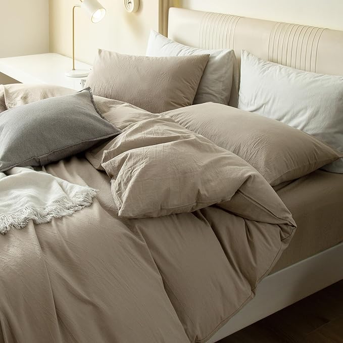 JIYUAN 100% Washed Cotton Duvet Cover Set 3 Pieces Oversized King, 1 Duvet Cover 120x98 Inches(Comforter Not Included) and 2 Pillowcases,Linen Feel Bedding Set Comfy and Breathable,Khaki