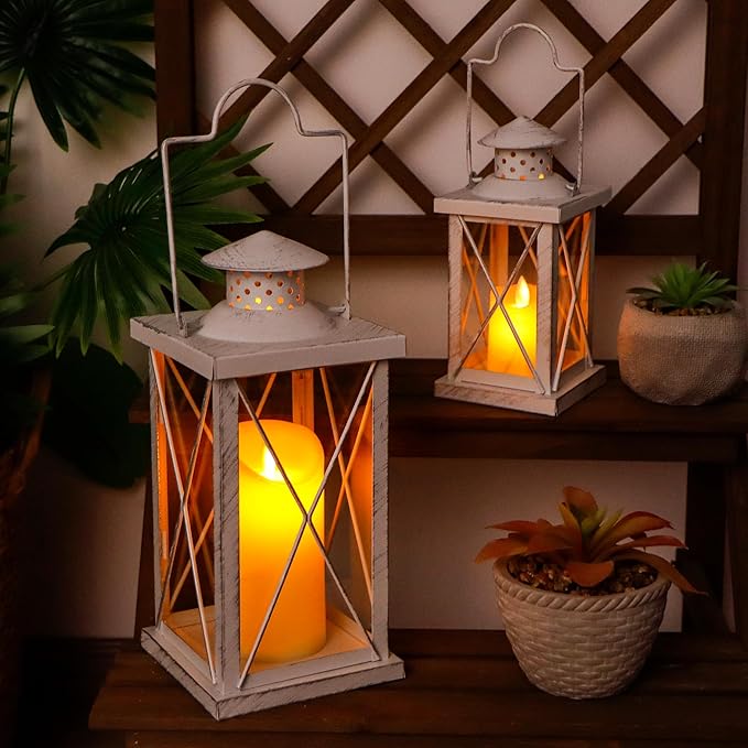 TRIROCKS 16'' & 11" H Decorative Candle Lanterns Set of 2 Hanging Lantern Vintage Metal Candle Holder with Tempered Glass for Indoor Outdoor Home Decor Parties Garden Wedding(White with Silver Brush)