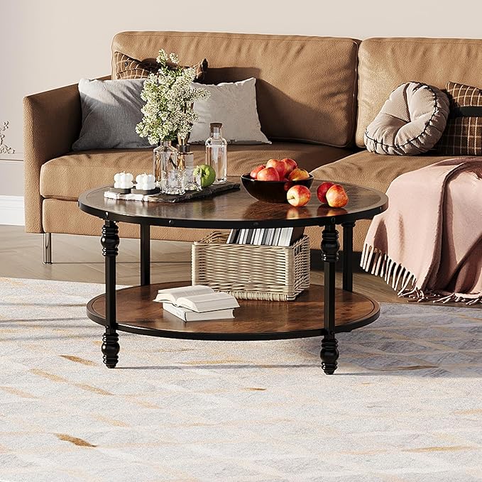 Round Coffee Table, Living Room Center Table with Storage Shelf, Rustic Wood Circle Coffee Table with Sturdy Metal Legs, 2-Tier Vintage Furniture for Living Room, Easy Assembly Accent Cocktail Table