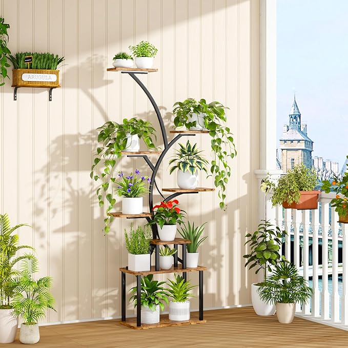 C3 Plant Stand Indoor with Grow Lights, 8 Tiered 62.2" Tall Plant Stand, Corner Large Metal & Wood Plant Shelf, S-Shaped Plant Display Shelves for Living Room, Patio, Outdoor