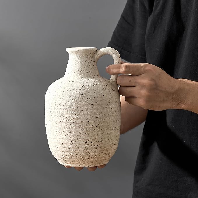 SIDUCAL Rustic Ceramic Farmhouse Flower Vase with 1 Handle-Height 8.43" Terracotta Vase, Unique Textured Pottery Flower Vases for Home Decor, Table, Wedding, Living Room, Shelf Decor, Speckled White