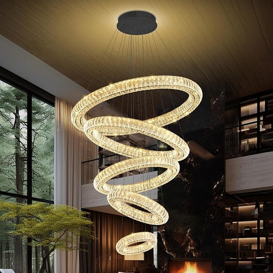 Modern Crystal Chandelier Lighting, Black 5 Ring Chandeliers LED Ceiling Lights Fixtures High Ceiling Chandeliers for Staircase, D8''+15.7"+23.6"+31.5"+39.4"