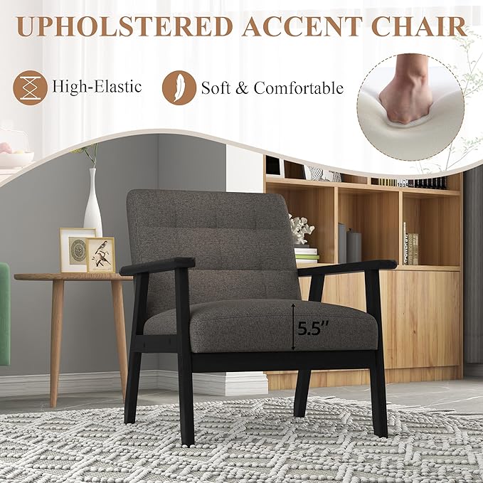 Westice Accent Chair Set of 2, Mid-Century Modern Living Room Chairs with Solid Wood Frame & Soft Thicken Cushion, Upholstered Arm Reading Chair for Bedroom, Balcony, Grey Linen Fabric & Black Legs