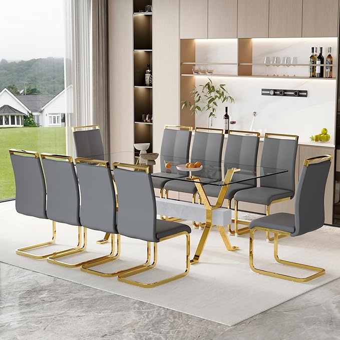 11 Piece Glass Dining Table Set, 79" Modern Dining Table Set for 10, 0.5" Thick Tempered Glass Tabletop with Silver Chrome Metal Legs and Grey Crossbar, 10 PU Chairs for Dining Room, Kitchen