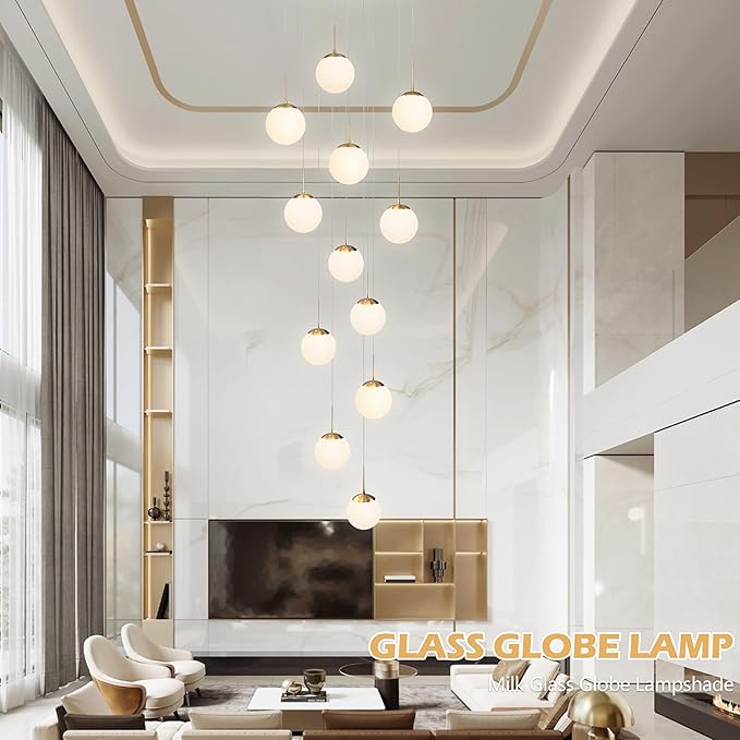 KoKo&Yukina 12-Light Gold Mid Century Modern Chandelier for Living Room Staircase Chandelier for Entryway Globe Milky White Glass Pendant Light High Ceiling Chandeliers Foyer (Bulb & Remote Incl.)
