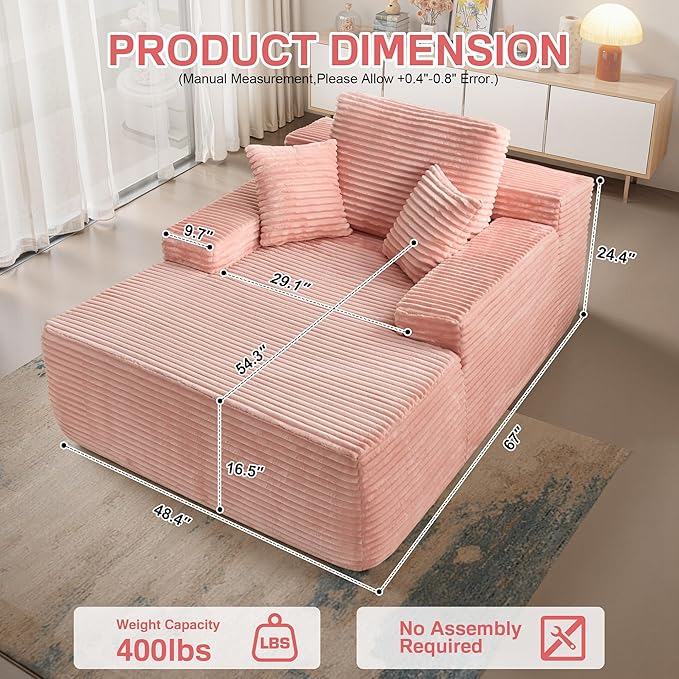 Chaise Lounge Chair Indoor, 67" Oversized Comfy Plush Fur Sleeper Sofa Bed, Boneless Upholstered Recliner Bed with Pillows and Wide Armrests, Modern Cloud Couch for Living Room, Pink