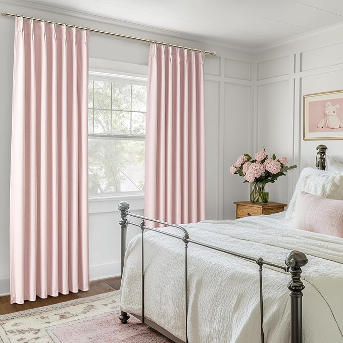 Baby Pink Black Out Curtains 92 Inch Long for Grils Bedroom 2 Panels Set, Cute Pinch Pleat Flax Linen Dining Room Darkening Window Drapes with Back Tab Insulated Soundproof Curtain (W40" x L92")