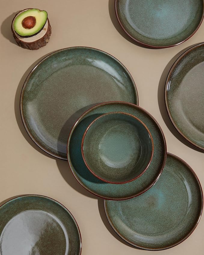 32 Piece Double Bowl Dinnerware Sets with Pasta Bowls, Highly Chip and Crack Resistant Plates and Bowls Sets, Natural Earthyware Ceramic Dishware Sets, Service for 8 Brown Green