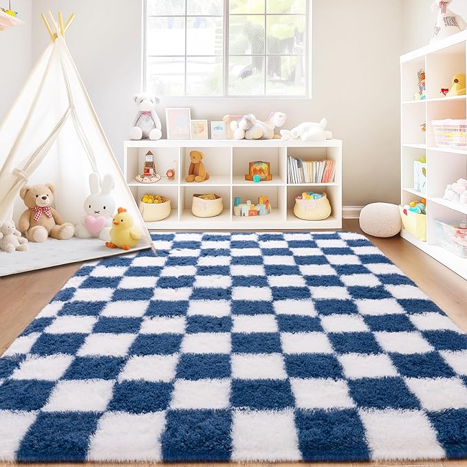 Checkered Rug for Living Room 8x10, Ultra Fluffy Fuzzy Shag Large Area Rug for Bedroom, Modern Plush Soft Upgrade Non-Slip Carpet for Kids Girls and Boys Room Dorm Home Decor, Navy and White