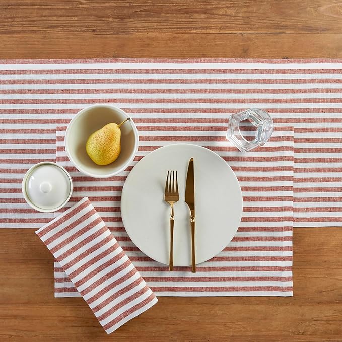 Solino Home Linen Cloth Placemats Set of 4 - Amalfi Stripe 100% Pure Linen Cinnamon and White Farmhouse Placemats 14 x 19 Inch for Fall, Autumn, Halloween, Thanksgiving