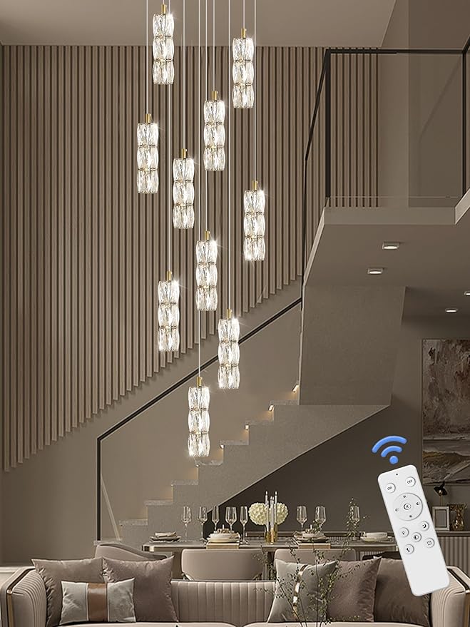 Large Chandeliers for Living Room Modern Crystal Gold Chandeliers Spiral Staircase Pendant Light High Ceiling Lamp Fixture for Foyer Entrance Dimmable 2700-6000K