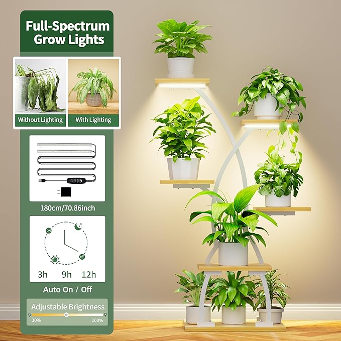 Plant Stand Indoor with Grow Lights - 6 Tiered Plant Shelf Indoor, 36" Corner Plant Stands for Indoor Plants Multiple, Metal Curved Flower Holder Display Rack for Patio, Balcony, Home Decor, White