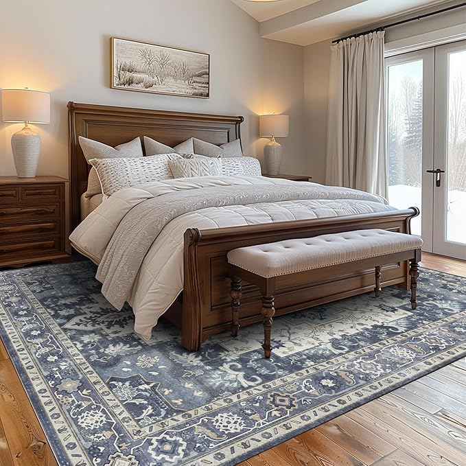 GENIMO 9x12 Area Rugs for Living Room, Machine Washable Non Slip Vintage Rugs, Low Pile Lightweight Chenille Print Rug for Bedroom, Dining Room, Home Office, Center Blue