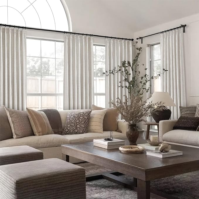 Topfinel 102 Inches Long Custom Blackout Linen Curtains, Pinch Pleated Noise Cancelling Curtains with Pin Hooks for Traverse Rods, Burlap Viral Drapes 2 Panels for Living Room Master Bedroom