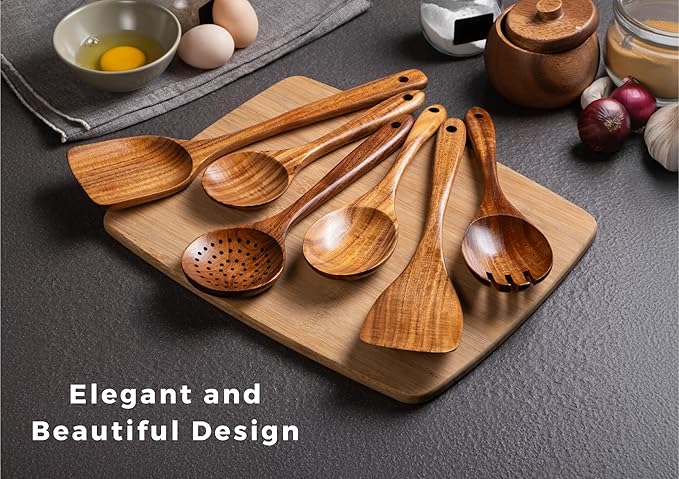 New Kitchen 6 Piece Wooden Spoons for Cooking - Smooth Finish Teak Kitchen Utensils Set - Non-Stick Wooden Spatula Perfect Kitchen Essential and Gift - Long Wooden Spoon Sets