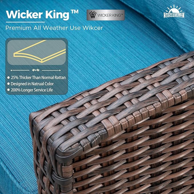 Patio Wicker Swivel Chairs Set of 2, Outdoor High Back Chairs with 5.5" Waterproof Cushions and Side Table, Outdoor Furniture Set for Deck Porch and Yard, Peacock Blue