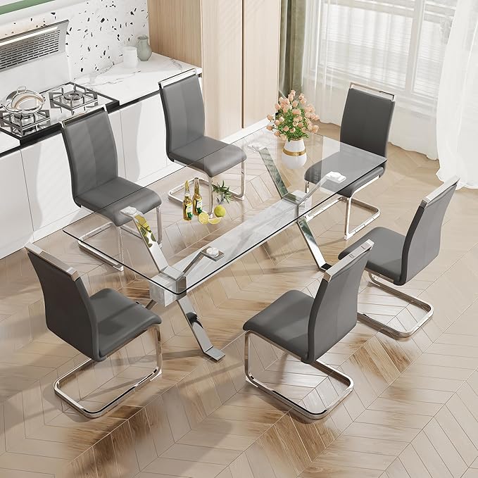 7 Piece Glass Dining Table Set, Kitchen Table Chairs Set for 6, 71'' Dining Table with 0.4" Tempered Glass Tabletop with Plated Metal Legs and MDF Crossbar, 6 PU Chairs for Dining Room, Kitchen.