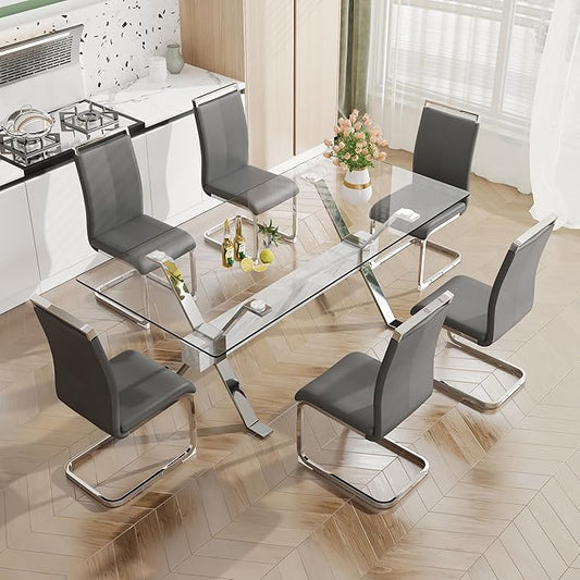 7 Piece Glass Dining Table Set, Kitchen Table Chairs Set for 6, 71'' Dining Table with 0.4" Tempered Glass Tabletop with Plated Metal Legs and MDF Crossbar, 6 PU Chairs for Dining Room, Kitchen.