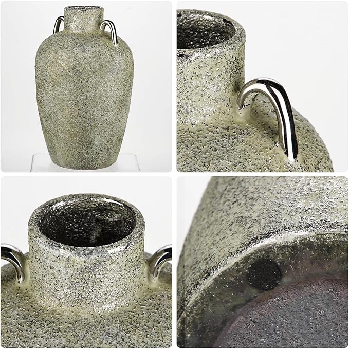 Large Ceramic Vase, 11.2" Tall Rustic Farmhouse Vase, Vintage Flower Vase with 2 Ears, Electroplated Terracotta Floral Vases for Home, Living Room, Shelf, Mantel, Entryway, Wedding, Table Centerpiece