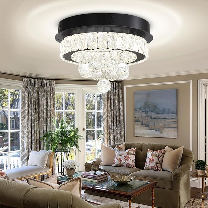 Flashing God 12" Modern Crystal Chandeliers Flush Mount Ceiling Light Black Chandelier for Hallway LED Dimmable Light Fixture for Dining Room Living Room Bedroom
