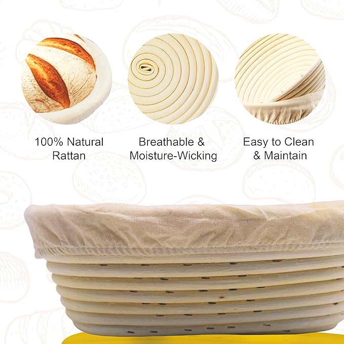 Round & Oval Rattan Banneton Basket Gift Kit with Accessories - Sourdough Bread Proofing Supplies (9" & 10", Liners, Scrapers, Lame) Natural for Home Bakers
