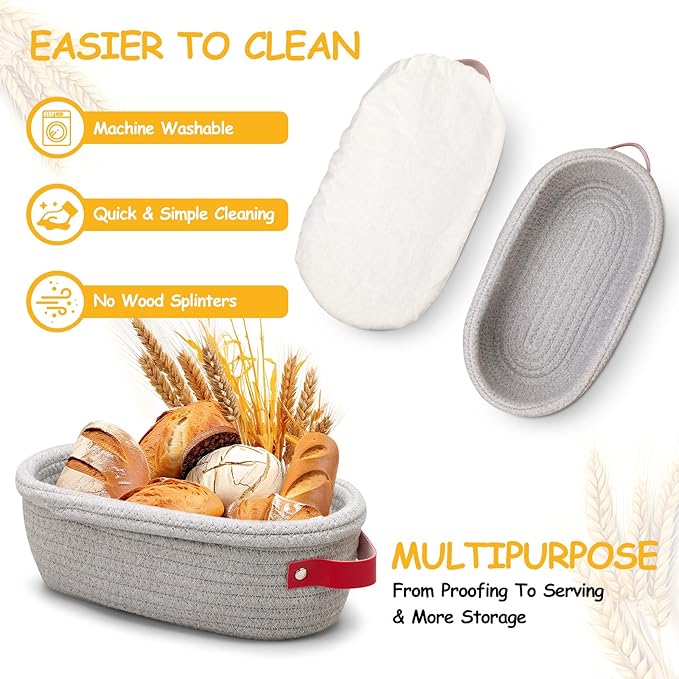 Banneton Bread Proofing Basket - Cotton Oval Banneton Basket Set of 2 Sourdough Proofing Baskets Round Proofing Bowls Handmade Rattan Baskets and Liners
