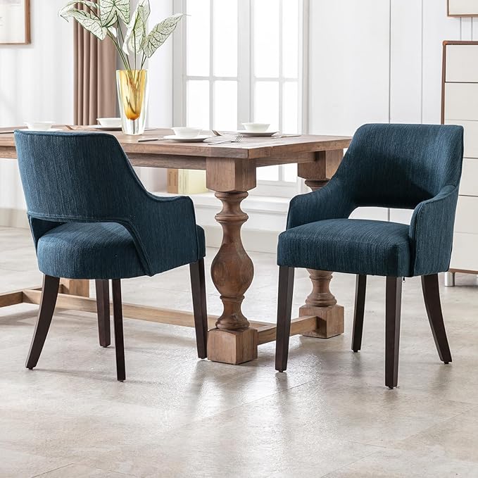 Farmhouse Dining Chairs Set of 2 Upholstered Linen Kitchen Chairs Accent Side Chair with Solid Wood Legs/Armrest for Living Room/Dining Room/Bedroom/Restaurant, Blue