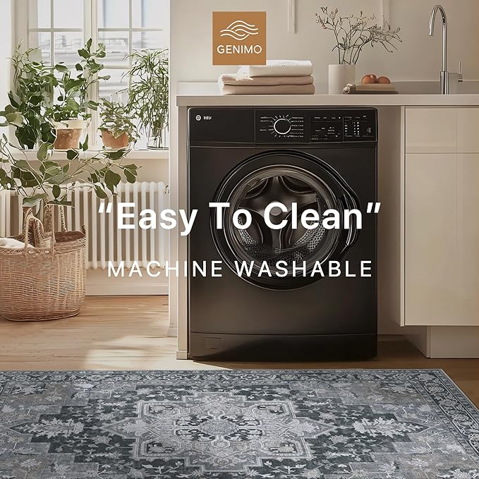 GENIMO 6x9 Area Rugs for Living Room, Machine Washable Non Slip Vintage Rugs, Low Pile Lightweight Chenille Print Rug for Bedroom, Dining Room, Home Office,Dark Gray