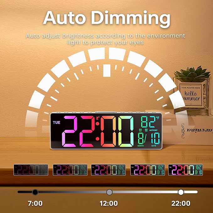 JALL 10.5'' Digital Large Alarm Clock with 8-in-1 RGB Colors, Date, Month, Temperature LED, Auto DST, Modern for Desk, Wall, Living Room, Bedroom, Birthday Xmas Gift (White, 10.5 inches)