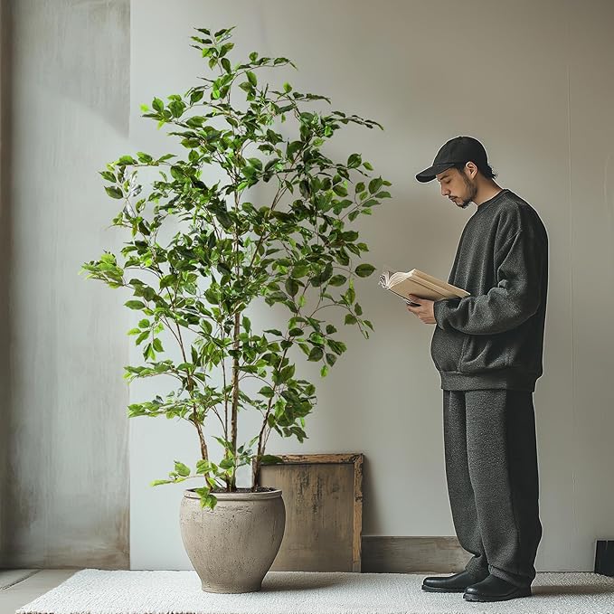 Artificial Ficus Tree Indoor 6ft, Large Potted Faux Tree with Realistic Silk Leaves & Trunk for Home Office, Living Room Corner Decor